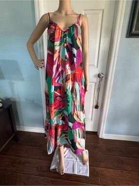 GAP Vibrant Multicolor Tropical Maxi Slip Dress - Pink, Green, Red, Orange, Teal